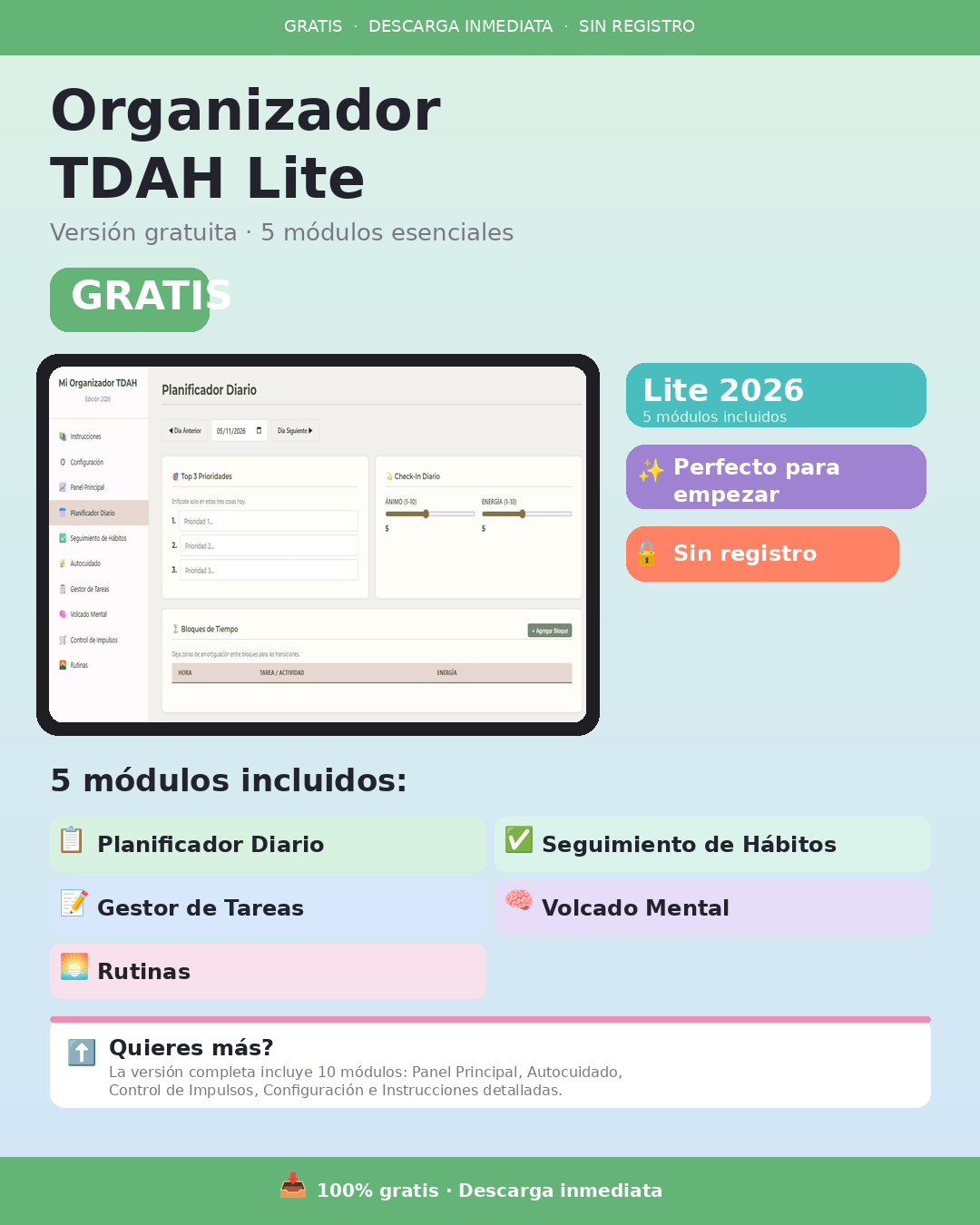 Organizador TDAH Lite 2026 — Planificador Digital Gratuito