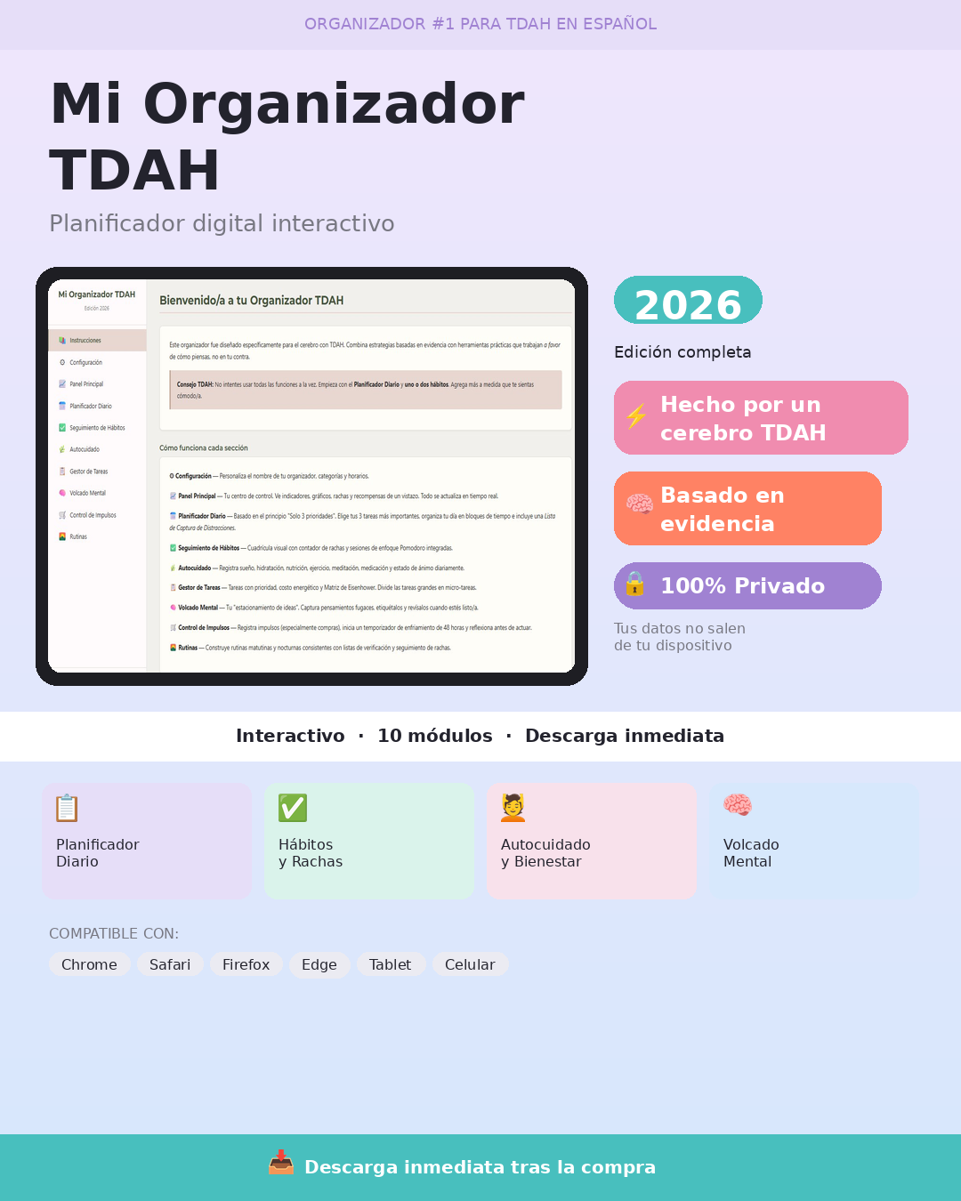 Organizador TDAH 2026 — Planificador Digital Interactivo (Español)